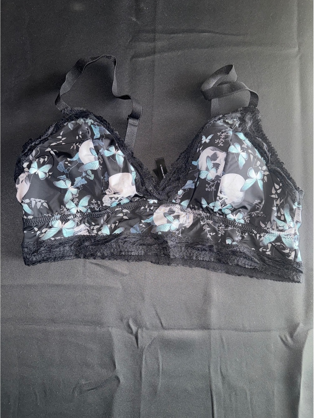 Torrid Black Lace Bralette with Blue Floral and Skull Acc
